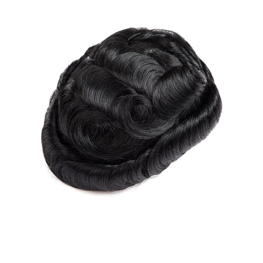 Męskie Toupee 0,03 mm Ultra cienka skórzana peruka do włosów dla mężczyzn do ludzkich systemów wymiany włosów (Jet Black,6 x 9)