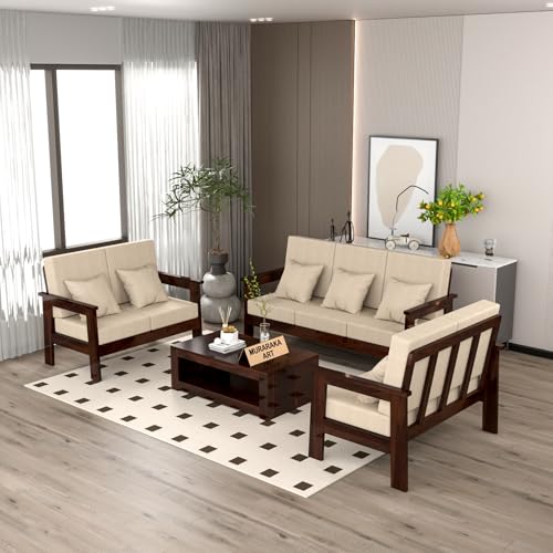 Image of Sheesham Wooden 7 Seater Sofa for Living Room | Solid Wood Sofa | Rosewood Sofa Set for Home & Office | Lounge (Walnut, 3+2+2 Seater)