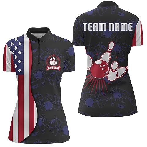 PIONAMZIOZ American Flag Bowling Polo & Quarter-Zip Shirt Custom Navy Bowling Jersey Men&Women Patriotic Bowling Shirt BDT84 (Women Quarter-Zip)