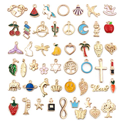 FOLANDO 50 Stück DIY Schmuck Anhänger,vergoldete Anhänger für Halskette Ohrring Armbänder Schlüsselanhänger DIY Schmuckherstellung farbig Emaille-Anhänger Basteln DIY Anhänger Herz Einhorn Krone Cover