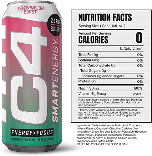 Image of C4 Smart Energy Drink - Sugar Free Performance Fuel & Nootropic Brain Booster, Coffee Substitute or Alternative | Watermelon Burst 16 Oz - 12 Pack