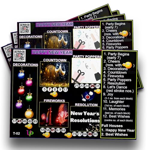 Image of Happy New Year Tambola Tickets - Fireworks Theme (English) for Kitty Parties & Family Gatherings | Fun Bingo Housie Game for Themed Events | (Set of 15 Festive Cards)