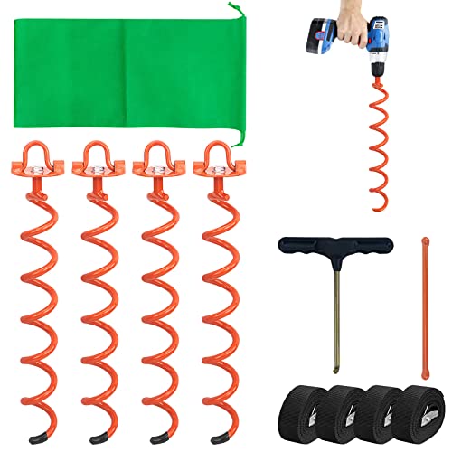 MIXXIDEA 17.5 Inch Gound Anchors Screw in, Metal Spiral Earth Anchors Kit, Heavy Duty Folding Ring Spiral Stake with Straps, Ground Stakes for Tent (Orange, 17.5 Inch with 92in Strap)