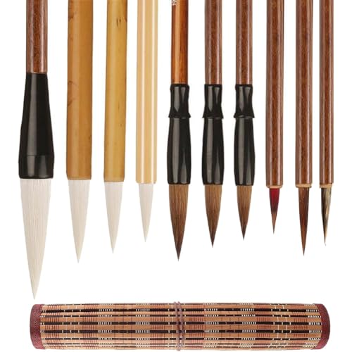 PokFhgur Juego de 10 Pinceles de Caligrafía China: Pinceles de Escritura Premium para Principiantes y Artistas, con Portapinceles Enrollable de Bambú.