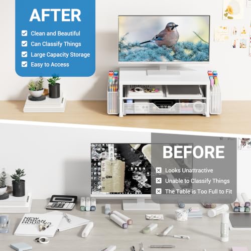 Image of OPNICE Desk Organizers and Accessories, Computer Monitor Stand Riser with Drawer and 2 Pen Holders, Printer & Laptop Stand, Office Desk Accessories & Workspace Organizers for Home Office Supplies, Metal White