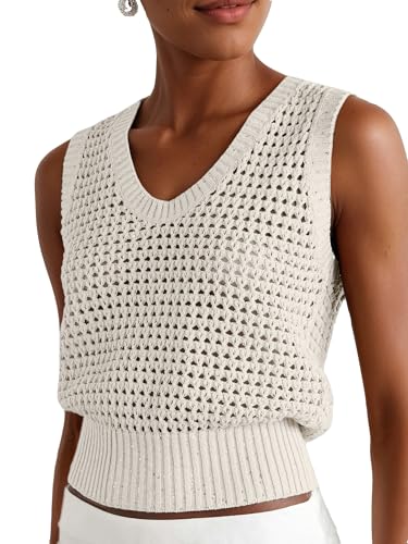 Image of Women's Crochet Tank Tops Sleeveless Sequins Lightweight Sweaters Bohemian Beach Hollow Out Knitted Vest