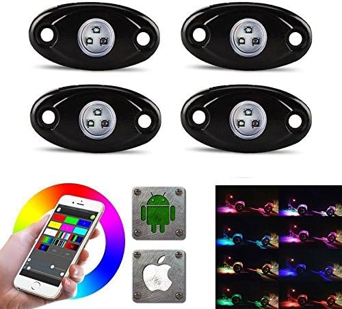 Inorising RGB LED Rock Lights, 4 Pods Waterproof Multicolor Neon Underglow Light with Bluetooth App Remote Control Flashing Music Mode for Off-Road UTV ATV Trucks SUV Motorcycle Boats