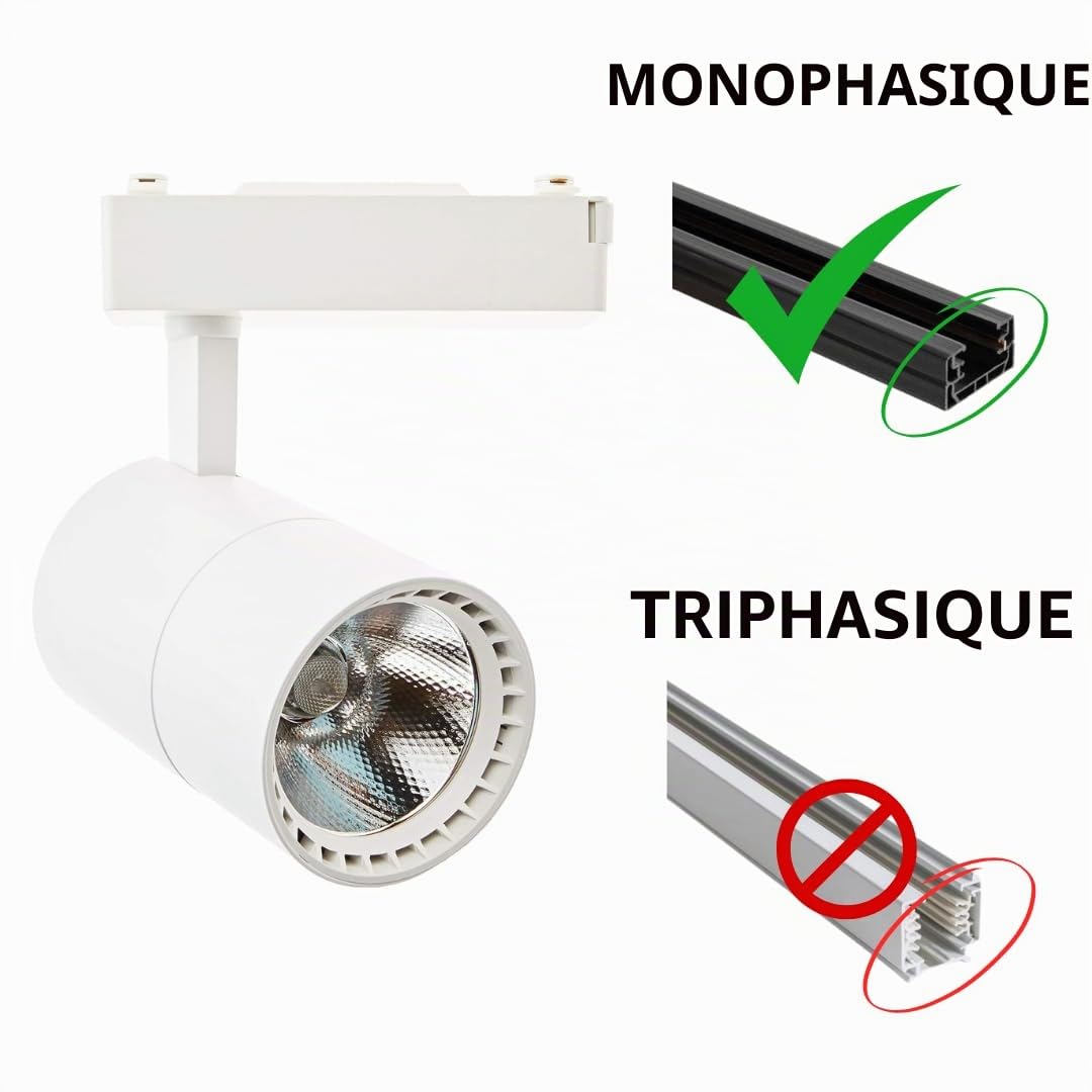 Spot LED rail 40 W lumière blanche froide 6000 K monophasé blanc