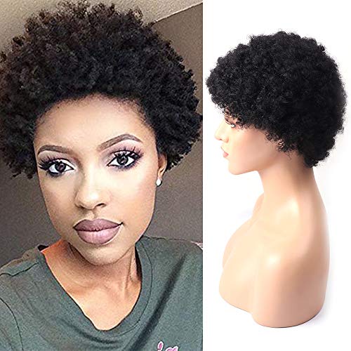 Short Afro Curly Human Hair Wigs for Black Women 3" Natural Looking Black Color Kinky Curly Wig Brazilian Virgin Hair Wigs with Free Wig Cap by fani