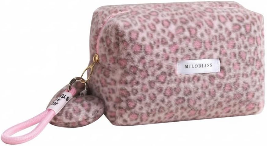 Pink Leopard Print Fuzzy Makeup Bag for Travel, Large Capacity Cosmetic Organizer Pouch, Portable Toiletry Storage with Zipper (Pink)