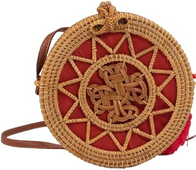 Handwoven Round rattan bag for Women Shoulder bags with tassels and leather strap (Natural color Red Tassel)