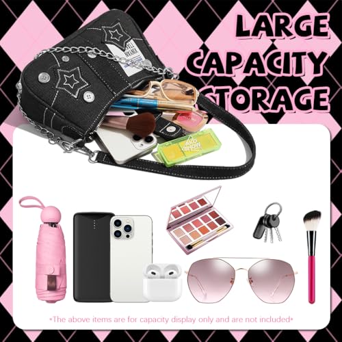 Image of PALAY Shoulder Bag for Women Girls Small Canvas Handbag with Chain Charm Hobo Bag Stylishly Sweet Y2K Star Patchwork Letter Printed Handbag Casual Small Shoulder Bag