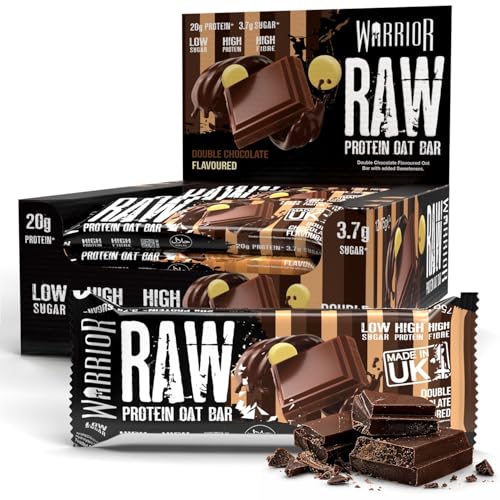 Warrior RAW Protein Bars 12 x 75g 20g High Protein Bar Low Sugar High Fibre Oat Protein Flapjack Protein Snacks Meal Replacement Bars (Double Chocolate)