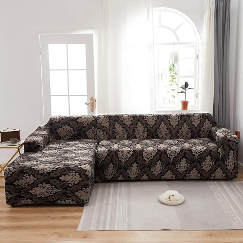 Image of House of Quirk Universal Sectional 140 GSM Sofa Covers L - Shape Slipcover 2pcs Elastic L-Type Chaise Sofa Furniture Protector (Black /Brown Motif)