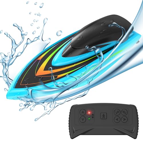 CHAKEYAKE Barca Telecomandata, 2.4G RC Barca Giocattolo Motoscafo Radiocomandato con Allarme Batteria Scarica, Doppia Elica, Giocattoli Bambini, Adatto per Piscine Laghi(Blu)