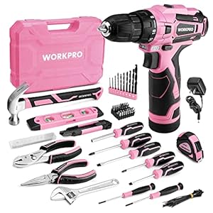 WORKPRO Pink Tool Set with Power Drill, 108PCS Portable Ladies Pink Drill Kit for Home with Toolbox and Pink Hammer, 1.5 Ah Cordless Drills with Keyless Chuck and Variable Speed Trigger – Pink Ribbon