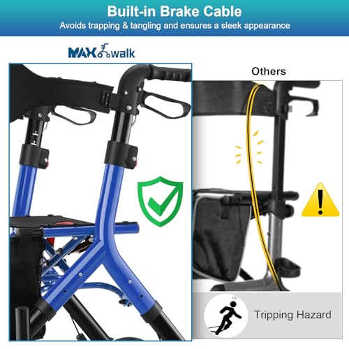 Image of MAXWALK Rollator Walker with Seat, Tall Walkers for Seniors, 12 inch Big Rubber Wheels All Terrain Rollator Walker with Backrest, Built-in Cable, Foldable and Dual Adjustable Height for 5.3-7ft, Blue
