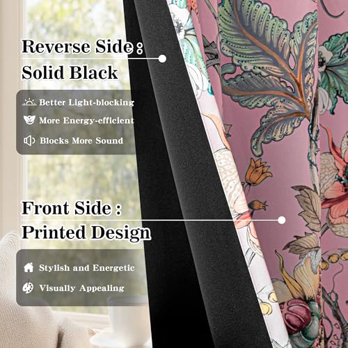 Image of MYSKY HOME Floral Blackout Curtains 63 Inch Long Bedroom Black Out Thermal Insulated Privacy Protect Curtain Flower Patterned Fancy Cottage Core Grommet Drapes for Girls Room Nursery, Pack-2, Pink
