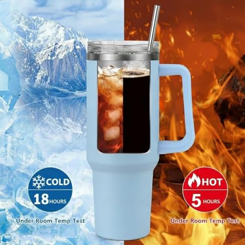 Image of Double Wall Insulated Stainless Steel Tumbler with Handle 1200ml | Travel Mug with Steel Straw| Hot & Cold Beverage Flask | Easy Carry Home, Office, Gym (Blue)