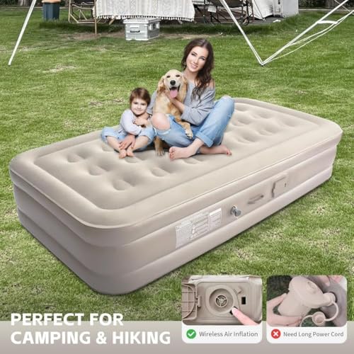 Image of Inflatable Air Mattress with - Waterproof Single & Portable Blow Up Bed Built-in Pump - Quick Inflation PVC Airbed