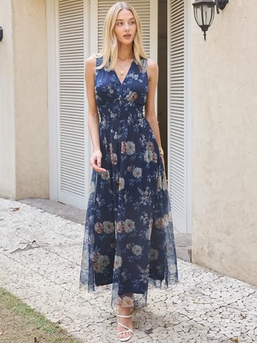 Image of ANRABESS Women's Floral Tulle Wedding Guest Maxi Dress | V Neck Sleeveless,A-Line Elastic Waist,Casual Flowy Formal Boho,Bridal Shower Garden Party Beach Vacation,Summer Fall
