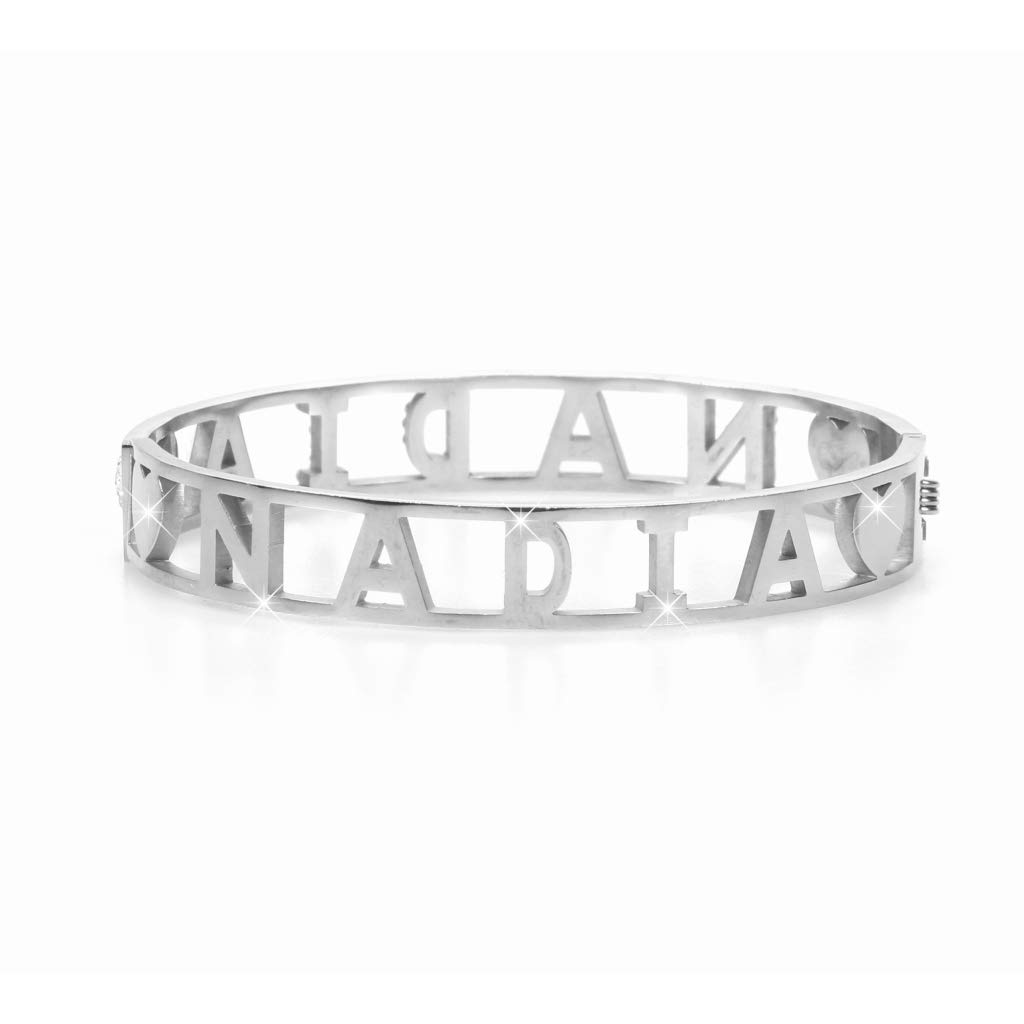 Flowers Bracciale Rigido Acciaio con Nome Vari e Zirconcini Sacchettino in Tessuto Scritta Nome ricoperta di Strass Brillantissimi Bracciale a Manetta Donna Chiusura a Molla Idea Regalo