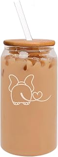 MIP 16oz Can Shaped Glass Iced Coffee Cup with Bamboo Lid and Straw Gift Elephant In Love