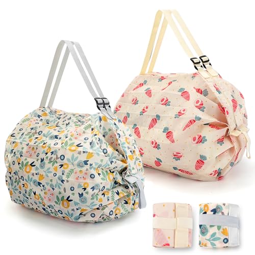 QZDAFFIC 2Pcs Foldable Shopping Bags, Reusable Large Tote Bag with Zip Waterproof Carrier Bags with Adjustable Handles, Fold Up Beach Bag for Grocery Daily Use Storage Camping