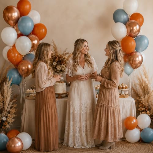 Image of Orange and Blue Balloons, 12 Inch Burnt Orange Dusty Blue Copper Balloon | Retro Fall Color Terracotta Metallic Copper Sand White Beige Latex Balloons for Boys Little Pumpkin Fall First Rodeo Western