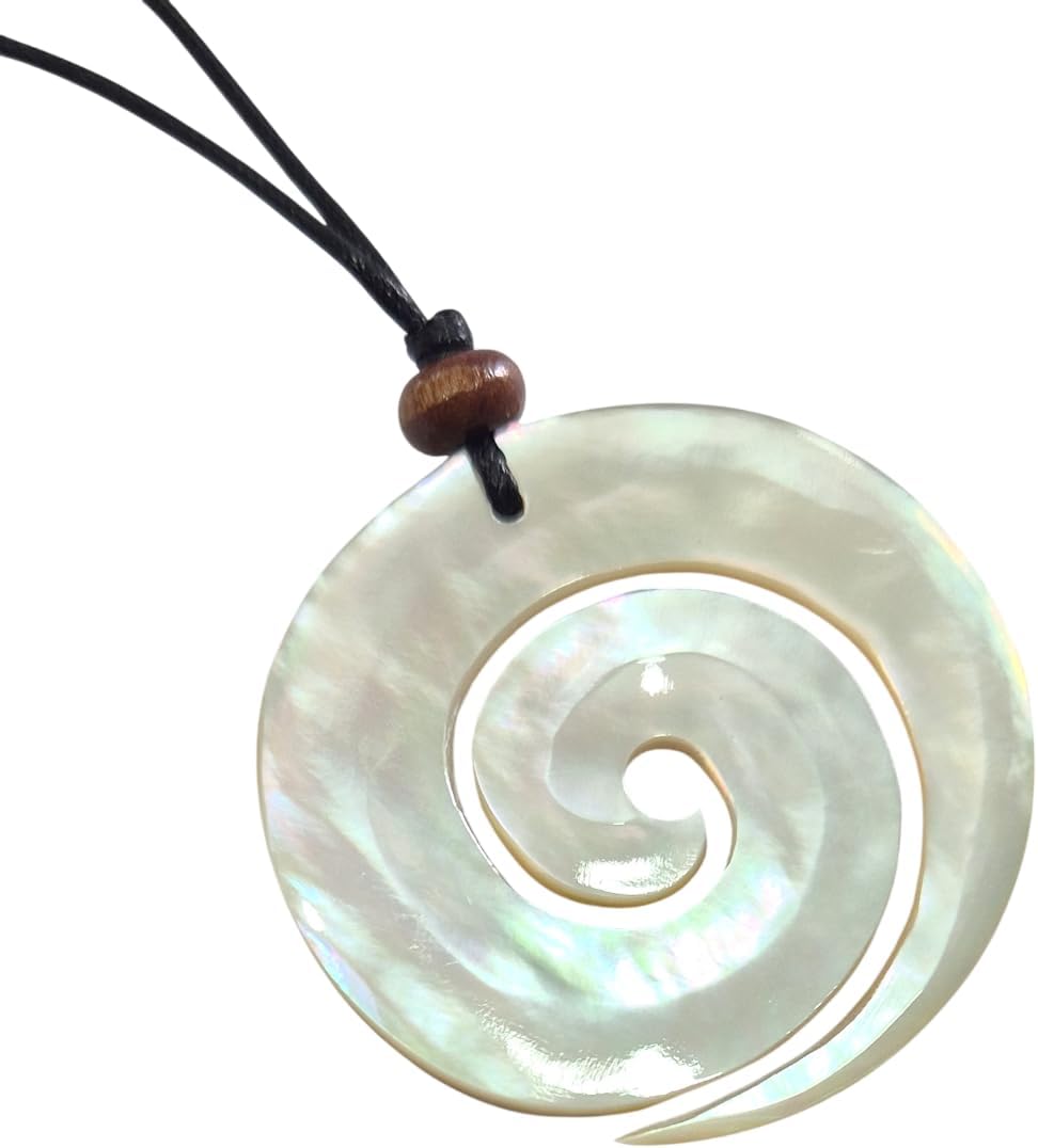 Hand Carved Mother of Pearl Jewelry Set - Spiral Shell Pendant Necklace & Matching Dangle Earrings - AA027 Artisan Collection - Adjustable Cord & French Hook - Iridescent White Seashell Gift Set