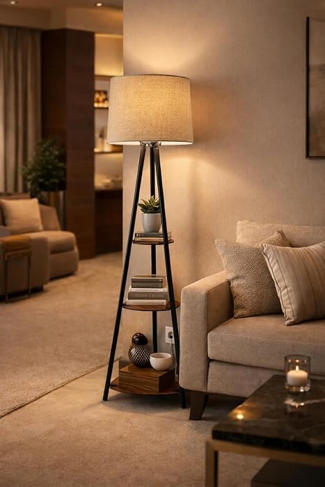 Floor Lamp with 3-Tier Storage Shelves, Linen Shade | Living Room Decor, Metal Frame, Warm Ambient Light, Built-In Display Shelves, Freestanding Design-image-12
