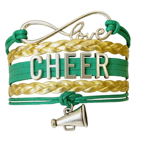 Sportybella - Cheer Bracelet - Green and Gold - Cheerleading Infinity Charm Jewelry Gift for Cheerleaders, Teams, or Squads