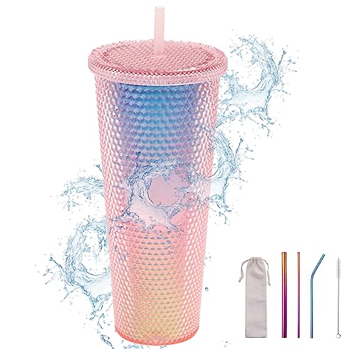 Cresbel gobelet à rivets, avec couvercle et paille, 710 ml, réutilisable, en plastique, à double paroi, froid, voyage, café glacé, eau à emporter, rose