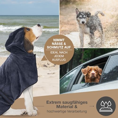 FLUFFINO Hundebademantel Dunkelblau Gr. S | Soft, saugstark, waschbar, schnell trocknend | Tierhandtuch + Klettverschluss | Badetuch Kleiner Hund + Katze | Haustierzubehör