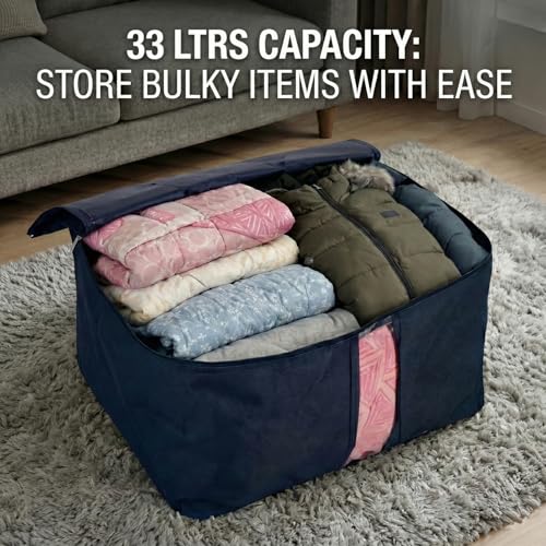 Image of EASY HOME 33L Closet Storage Bags for Clothes Large| Premium Wardrobe Bag with Zip Closure | Moisture Proof Nylon Garment Cover for Sarees, Heavy Quilts & Blankets