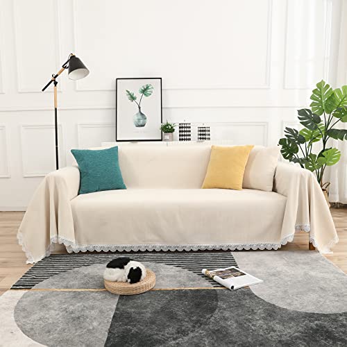 Qubjus Universal Sofa Slipcover Sofa Cover For 3 Cushion Couch Throw Blankets With Lace Durable Couch Cover Chenille Washable Furniture Protector For Kids Dogs Pets (Large, Beige) #TOP8