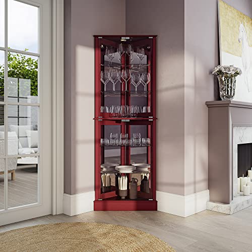Image of BELLEZE Lighted Corner Display Curio Cabinet Wooden Shelving Unit with Tempered Glass Door, Bar and Liquor Storage Area with 6 Shelves - Woody (Cherry)