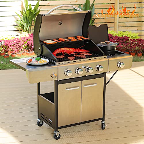 Captiva-Designs-Outdoor-Propane-Grill-with-Enemal-Iron-Cast-Grilling-Grates42000-BTU-Output-Liquid-Gas-Stainless-Steel-Propane-Grill-with-Side-Burner-542-sqin-Grilling-Areas-4-Main-Burners