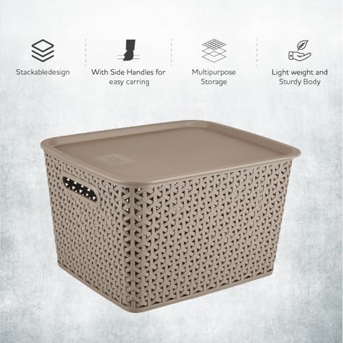 Image of KOLORR Royal Baskets 1 Large Basket with 1 Lid - LT Brown | stackable| easy to clean | strong and durable | BPA free | Multipurpose Plastic Storage Basket, Rectangular