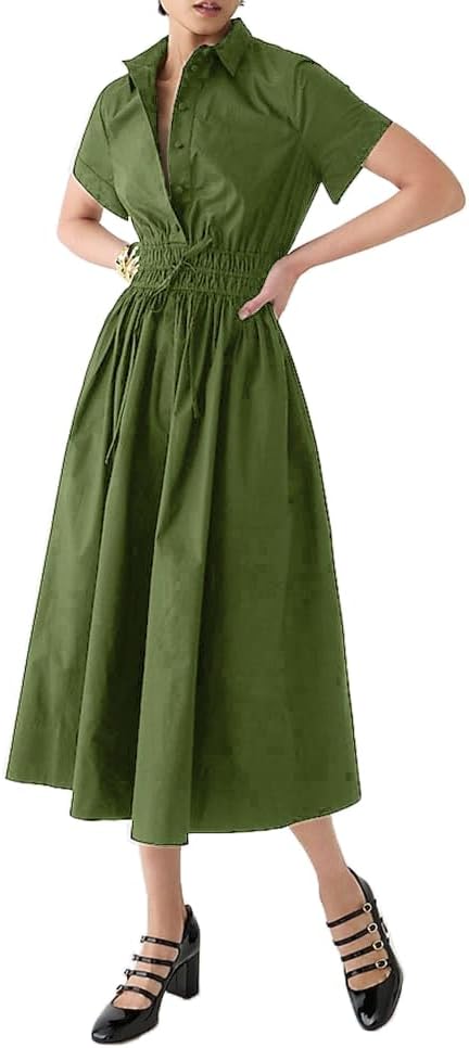 Ladyful Women Casual Button Down Short Sleeve Shirt Dress Tie Waist Midi Shirt Dress Elegant Business Party