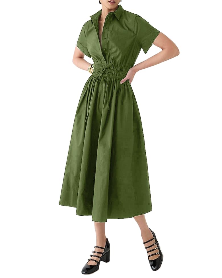 Ladyful Women Casual Button Down Short Sleeve Shirt Dress Tie Waist Midi Shirt Dress Elegant Business Party