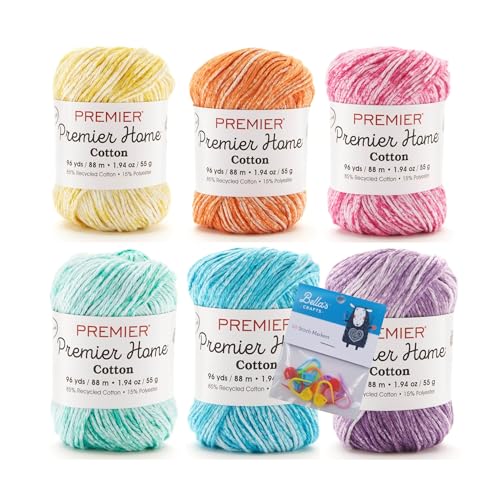 Premier Home Cotton Yarn 6-Pack Bundle with Bellas Crafts Stitch Markers (Splash Mix)