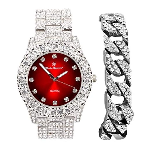 Charles Raymond Bling-ed Out Round Metal Mens Color on Blast Watch with Diamond Time Indicators Matched with Bling'ed Out Cuban Bracelet - Ice on Fire!!! - ST10327DxxS Cuban (DX Silver Blood Red)