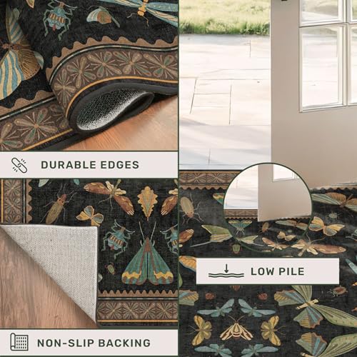 Image of Black Insect 2'6 inchx8' Washable Non Slip Runner Rugs for Hallways, Non Skid Stain Resistant Rug Runners for Kitchen, Entryway, Mudroom -, Dark Floral Boho Cottagecore Home Decor