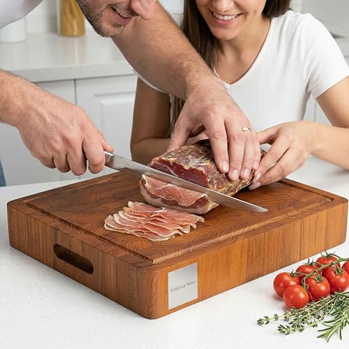 Tabla de cortar rectangular de madera de teca de 43.18 cm con ranura para jugos, reversible y gruesa para cocina miniatura 2