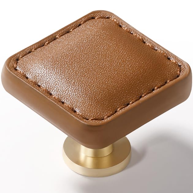 2 Pack Brown Leather Drawer Pulls Square Leather Handles Cabinet knobs for Kitchen Bathroom Cabinets Dressers Furniture Handles