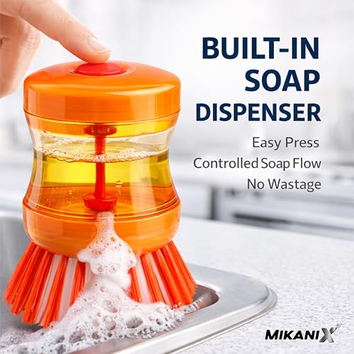 Image of MIKANIX Soap Dispensing Cleaning Brush, Dish Scrubber with Liquid Dispenser for Kitchen Sink, Cookware, Stove, Bathroom & Tiles, Multipurpose Scrub Brush (Pack of 1)