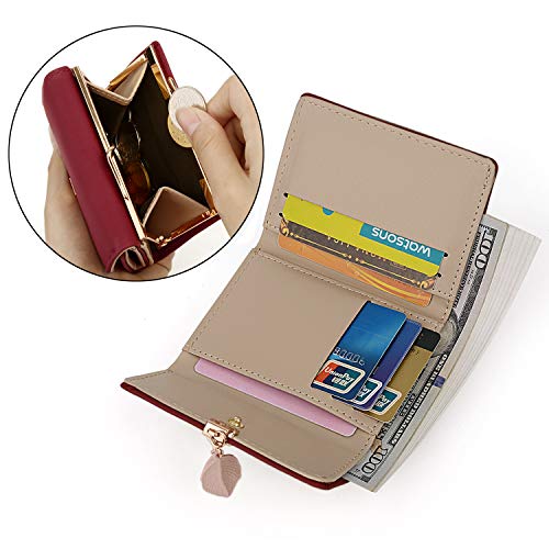 UTO Small Wallet for Women PU Leather Leaf Pendant Card Holder Organizer Coin Purse Red2