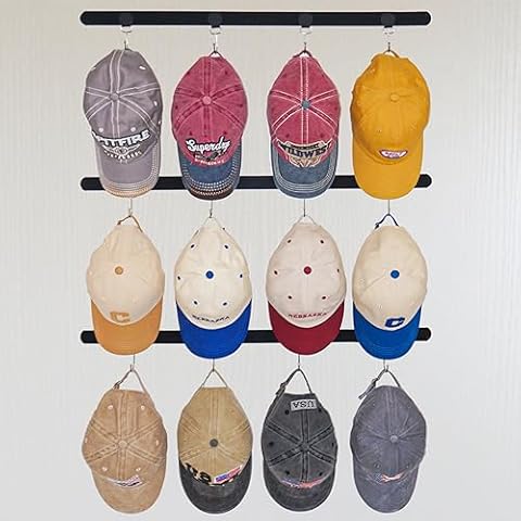 ETOWIFA Baseball Cap Organizer, Holds Up to 36 Caps, Strong Metal Hooks, Versatile Mounting, Anti-Fall Design, Space-Saving, DIY Fun, Includes 3 Straps and 12 Hooks Cover