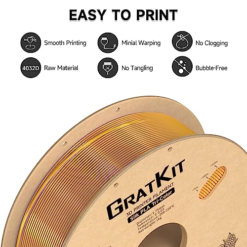 Image of Gratkit Silk Tri-Color PLA Filament，Coextrusion PLA Filament 1.75mm, + /-0.03mm, 1KG /Roll, Silk PLA Gold & Purple & Black